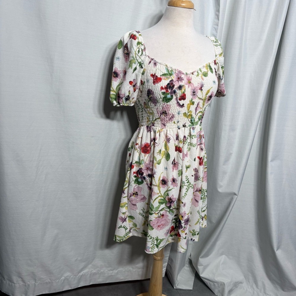 Floral Smocked‎ Waist Puff Sleeve Mini Dress Cottagecore Garden Party NWT - Picture 2 of 7
